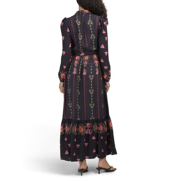 CELINA MOON Navy Floral Long Sleeve Floral Maxi Dress With Belt - Picture 2 of 2